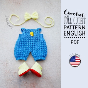 Crochet Doll Clothes Pattern PDF – Overalls, Shoes & Bow | Fits 20-23 cm Dolls | US Terms | Beginner-Friendly