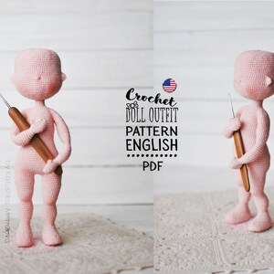 May include: A crochet doll outfit pattern in English, with a pink doll holding a crochet hook. The pattern is available as a PDF download.
