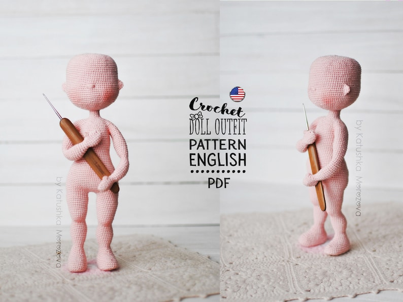 May include: A crochet doll outfit pattern in English, with a pink doll holding a crochet hook. The pattern is available as a PDF download.