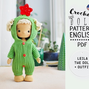 May include: Crochet doll pattern in English, PDF format. The pattern is for a doll named Leila, wearing a green hooded outfit with a red star on top of her head. The pattern includes instructions for making the doll and the outfit.