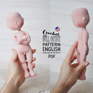 May include: Crochet doll outfit pattern in English, PDF format. The pattern is for a pink doll with a simple design.