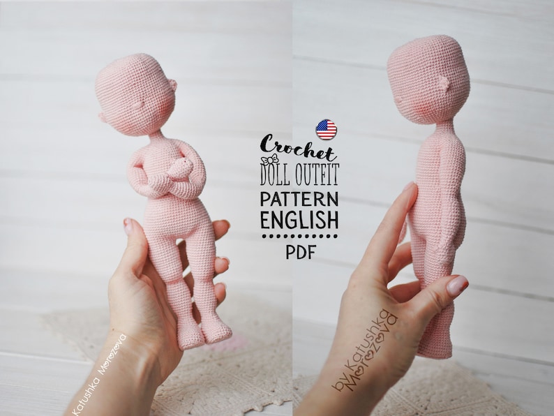 May include: Crochet doll outfit pattern in English, PDF format. The pattern is for a pink doll with a simple design.