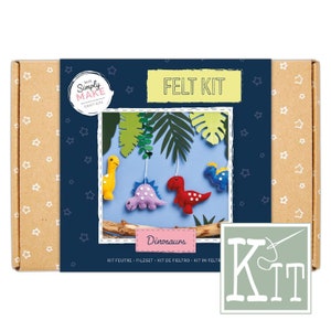 May include: A felt craft kit to make a dinosaur mobile. The kit includes felt pieces in various colours, including red, yellow, pink, and blue, to create the dinosaurs. The kit also includes a wooden dowel, string, and instructions. The box is brown with white stars and the text "Simply Make Craft Kits" and "Felt Kit".