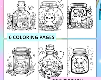 Tiny pets in jars coloring pages , tiny creatures in jars for kids coloring pages , PrintReady PDF