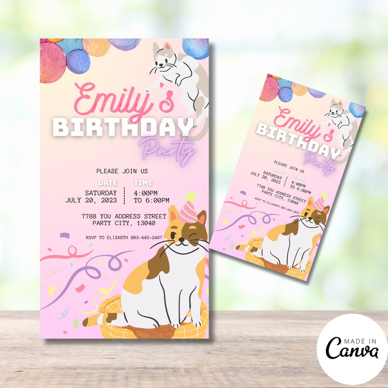 Editable Cat Birthday Party Invitation, Cat Theme Invitation Template ...