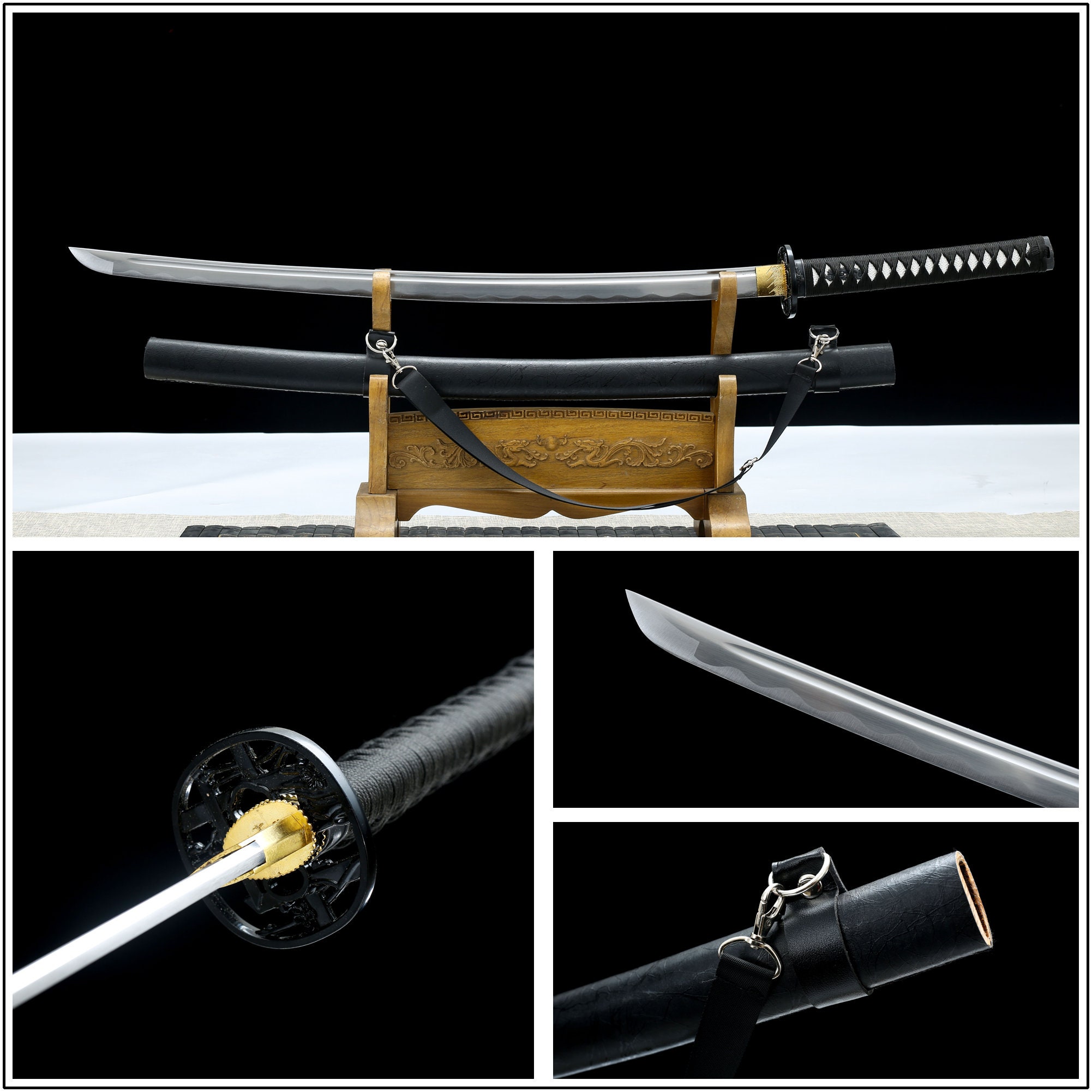  Samurai - Espada Katana real de anime, espada Katana de acero  1060 para extinguir aceite de acero, espada Katana real Sharp para  coleccionar cosplay (negro) : Deportes y Actividades al Aire Libre