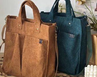 Nieuwe versie Zelfgemaakte herfst- en winterstijl corduroy tas, Ins literatuur en kunst Eenvoudige verticale tas voor woon-werkverkeer, Messenger Bag met één schouder