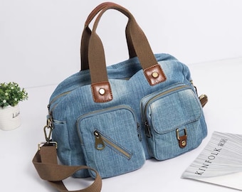 QUARRYUS Denim Design Tote Bag, Large Capacity Zipper Shoulder Bag with Adjustable Strap for Students, Women's, Blue