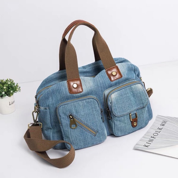 Sac à bandoulière multi-poches en denim tendance,