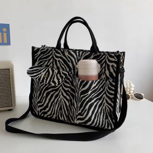 Original Zebra Pattern Twill Canvas Bag,Portable Leopard Print Tote, Literary Shoulder Bag, Women Bag,Messenger Bag