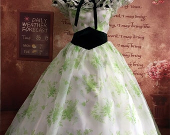 May include: A white and green floral print dress with a black velvet sash and a white lace trim around the neckline. The dress has a full skirt and is made of a sheer fabric.