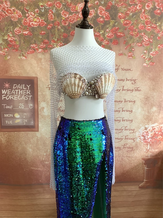 Ariel Mermaid Cosplay Costume Shell Bra Top Green Skirt Little