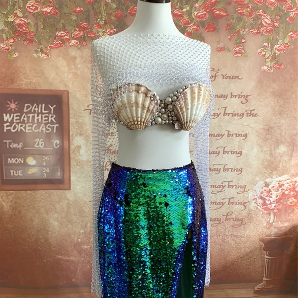 Ariel Mermaid Cosplay Costume Shell Reggiseno Top Gonna Verde Sirenetta