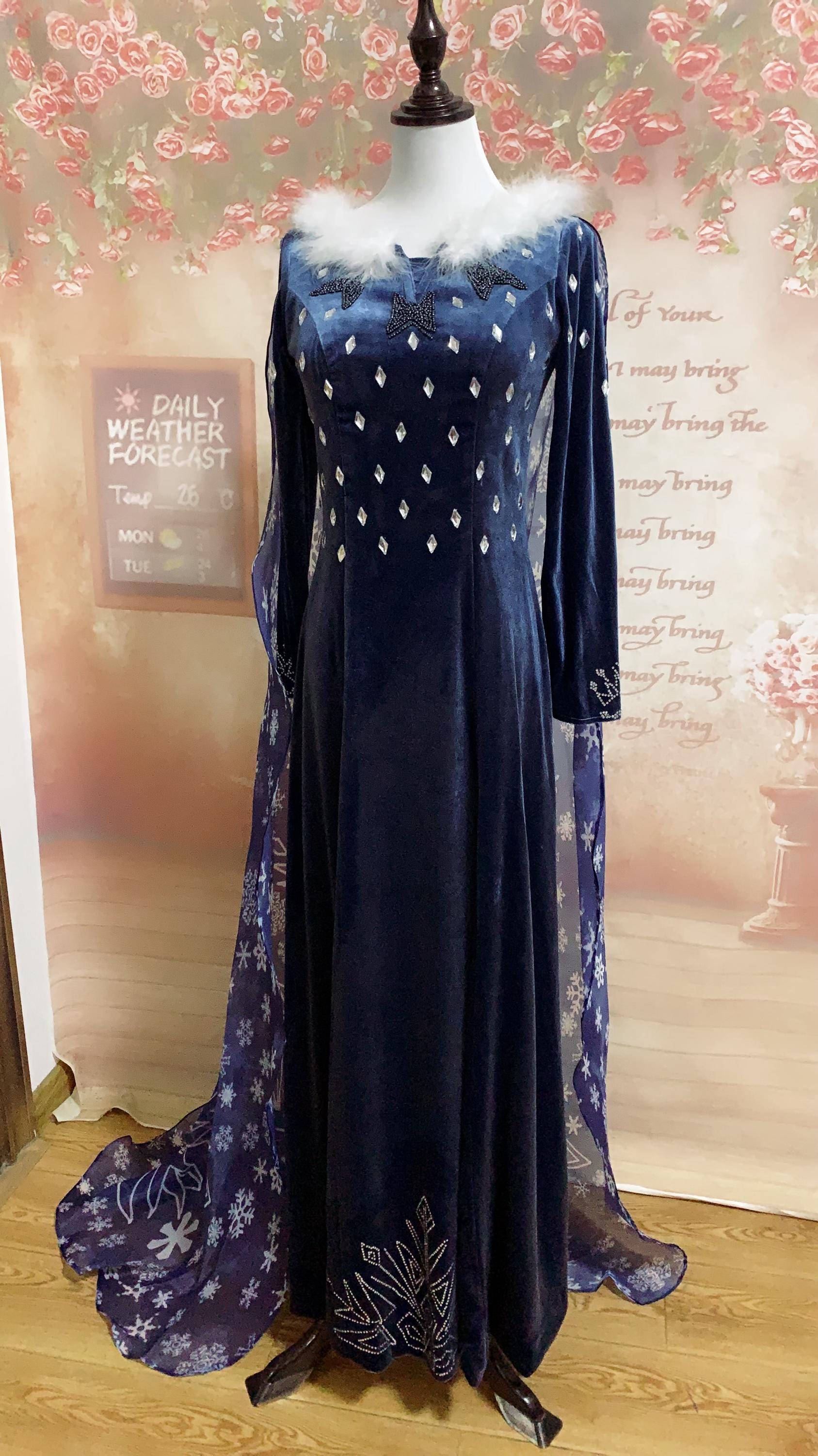 elsa navy blue dress Adult Elsa Cosplay Dress Olaf's Frozen Adventure Dark Blue Velvet Gown Mermaidcosplay