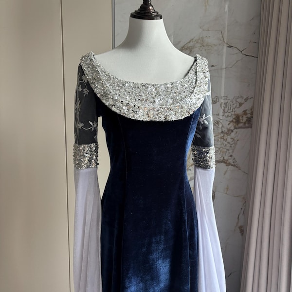 Arwen Blue Velvet Dress Medieval Elven Requiem Cosplay Costume