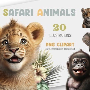Clipart animaux de safari pour impressions et designs par sublimation, illustrations PNG pour chambre de bébé mignons bébés animaux, lot imprimable sur le thème de la jungle