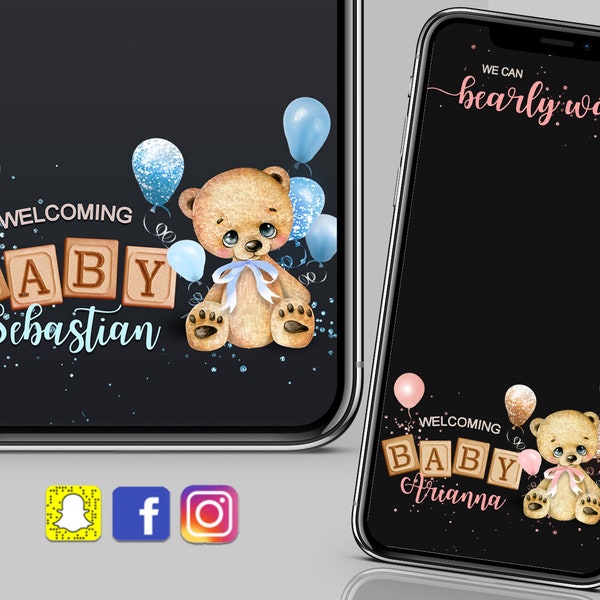 Teddy Bear Snapchat filter, Instagram and Facebook Template for Baby Shower, Gender Reveal or Birthday party, We can bearly wait Overlay
