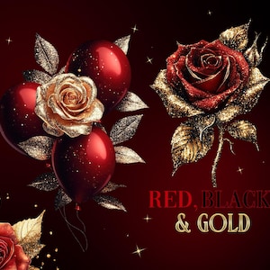 Clipart PNG rouge, noir et or, roses et ballons, sublimation de fête, fleurs glamour scintillantes pour invitations, événements | Utilisation commerciale