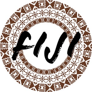 May include: A brown and white circular design with a stylized black "FIJI" in the center.