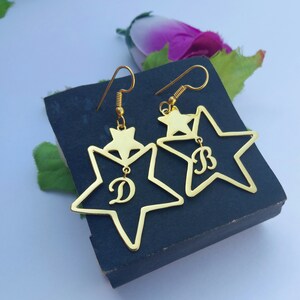 Gold Plated Initial Star Earring, Hoop Earring, Best gift for her, Handmade Jewelry