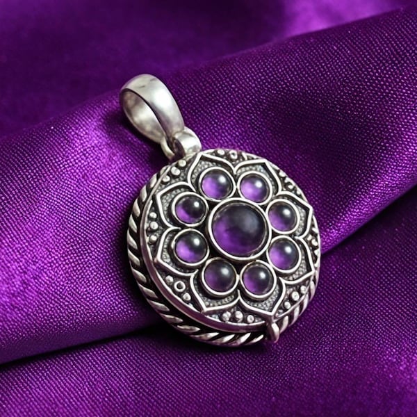 Vintage Amethyst Mandala Poison Locket - Sterling Silber Secret Box Anhänger - Boho-Luxe Mystic Jewelry