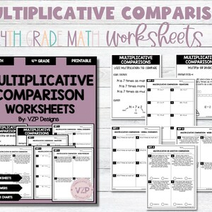 May include: A set of printable worksheets for 4th grade math, focusing on multiplicative comparison. The worksheets include various activities such as word problems, equations, and verbal statements. The title "Multiplicative Comparison" is displayed in a purple banner at the top of the page.