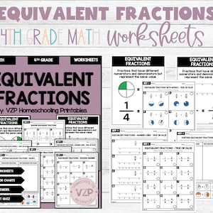 Puede incluir: Un conjunto de hojas de trabajo imprimibles para matemáticas de 4º grado centradas en las fracciones equivalentes. Las hojas de trabajo incluyen diversas actividades como ordenar fracciones equivalentes, identificar fracciones equivalentes usando modelos y completar líneas numéricas. Las hojas de trabajo están diseñadas para ayudar a los estudiantes a comprender el concepto de fracciones equivalentes y cómo representarlas de diferentes maneras.