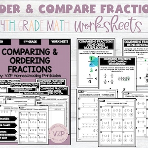 May include: A set of printable worksheets for 4th grade math, focusing on comparing and ordering fractions. The worksheets include various methods for comparing fractions, such as using benchmarks, common denominators, and cross multiplication. The title of the set is "Comparing & Ordering Fractions" by VZP Homeschooling Printables.