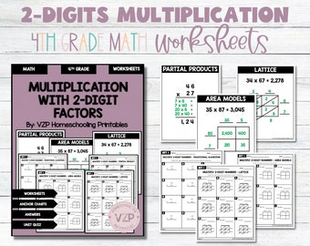 May include: A set of printable worksheets for 4th grade math, focusing on multiplication with 2-digit factors. The worksheets include different methods for solving multiplication problems, such as partial products, area models, and lattice multiplication. The worksheets are black and white and feature a variety of multiplication problems.