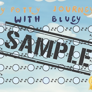 Puede incluir: Un gráfico de entrenamiento para ir al baño azul y blanco con el texto "My Potty Journey With Bluey". El gráfico presenta huellas de patas, círculos y una marca de agua "Sample". Un personaje de Bluey está en la parte inferior derecha.