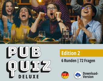 Pub Quiz Deluxe (Deutsch) für Kneipen, Firmenfeiern, Spieleabende. Edition 2 mit 72 Fragen & Antworten, Spielregeln, Urkunde. Zum Download.