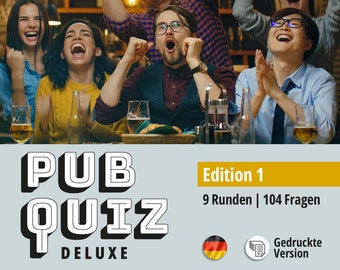 Pub Quiz Deluxe (Deutsch) für Kneipen, Firmenfeiern, Silvester. Edition 1 mit 104 Fragen & Antworten, Spielregeln, Urkunde. DIN A4 Druck.