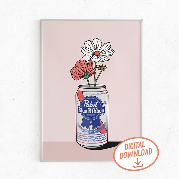 Weiß Rosa Wildblume in Bierkannen Dekor | Pop Art Bier DigitalDruck | Druckbares Blumen Bierglas Pflanze Funky Poster | Alkohol Geschenk