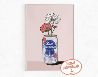 White Pink Wildflower In Beer Can Decor | Pop Art Beer Digital Print | Printable Floral Beer Glass Plant Funky Poster | Alcohol Gift