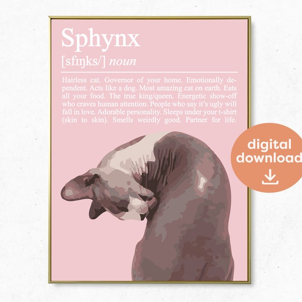 Sphynx Cat PRINTABLE | Cat Lovers Gift Idea | Hairless Cat Definition Poster | Apartment Decor Funky | Cute Cat Wall Art Quirky Home Decor