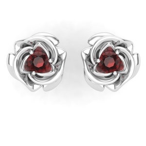 Rose earrings in sterling silver, English rose earrings, flower earrings, garnet earrings, gift for her, handmade earrings, gemstone earring