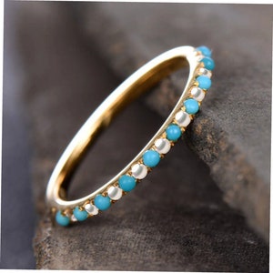 Turquoise Ring Half Eternity Wedding Band Pearl Eternity Band Sterling Silver Anniversary Ring White Gold Plated Matching Band