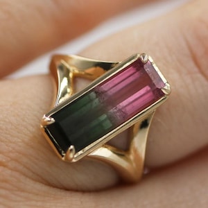 Baguette Watermelon Tourmaline Ring: Art Deco Bicolor Engagement Ring