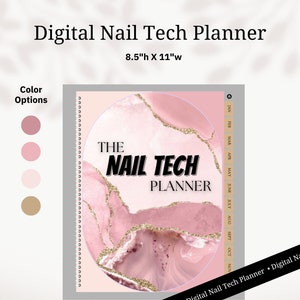 May include: Digital planner for nail technicians with a pink and gold marble design. The planner is 8.5 inches tall and 11 inches wide. The text "The Nail Tech Planner" is written in black bold letters.