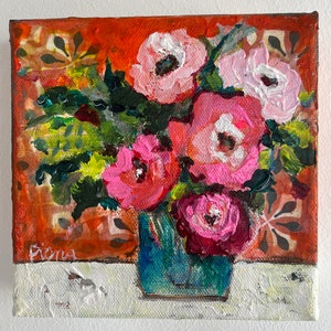 Perfectly Pink - Fiona Collins Original Acrylic Canvas - 6&quot; x 6&quot; x 1.5&quot; Painting