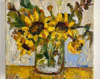 Sunflowers - Fiona Collins Original Acrylic Canvas - 6" x 6" x 1.5" Painting
