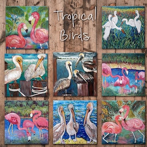 Florida Tropical Birds by Fiona Collins - Pelican, Egret and Flamingos,  4x4 hand crafted wooden coasters, lightweight and unbreakable!