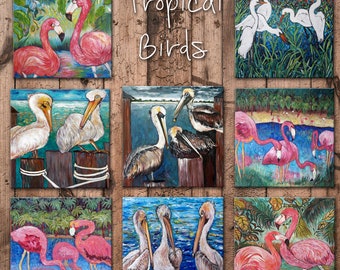 Florida Tropical Birds by Fiona Collins - Pelican, Egret and Flamingos,  4x4 hand crafted wooden coasters, lightweight and unbreakable!