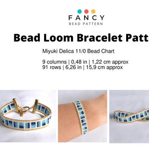 May include: A bead loom bracelet pattern chart with a blue, white, and gold color scheme. The chart shows 91 rows and 9 columns, with a finished bracelet size of 6.26 inches or 15.9 cm. The chart is titled "Bead Loom Bracelet Pattern" and includes the text "Miyuki Delica 11/0 Bead Chart".