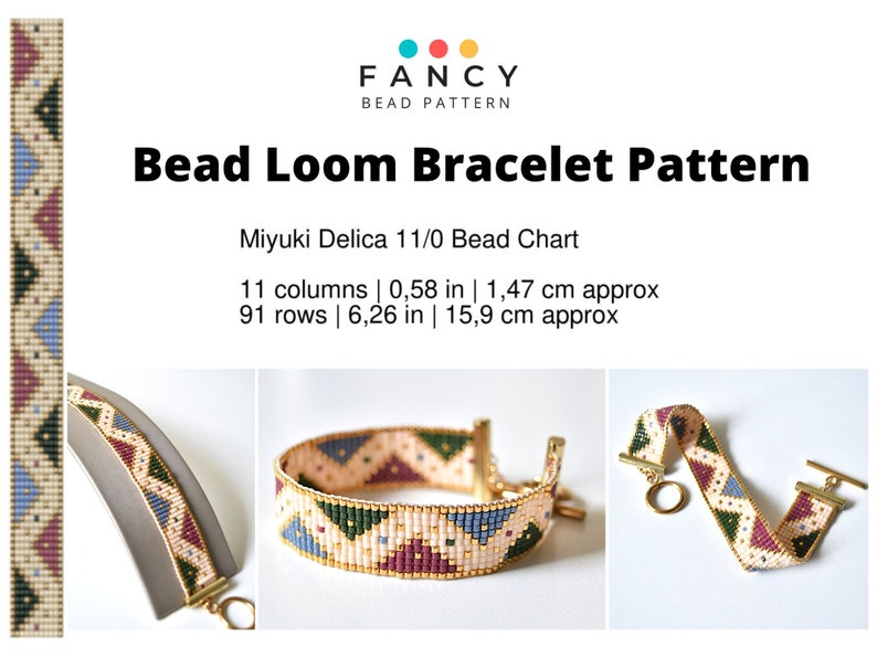 K&ouml;nnte beinhalten: Ein Perlenweb-Armband-Muster mit Miyuki Delica 11/0 Perlen. Das Muster zeigt ein geometrisches Design mit beige, gr&uuml;nen, blauen und roten Perlen. Das Armband ist 1,47 cm breit und 15,9 cm lang. Das Muster ist f&uuml;r 11 Spalten und 91 Reihen.