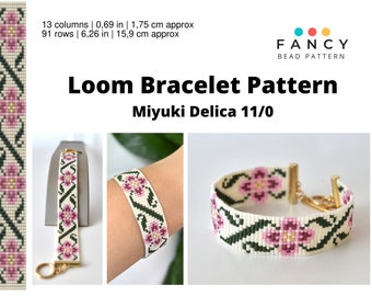 Floral loom pattern, Loom bracelet pattern, Bead loom bracelet pattern, Pink flower bracelet pattern, 12 column bead loom pattern