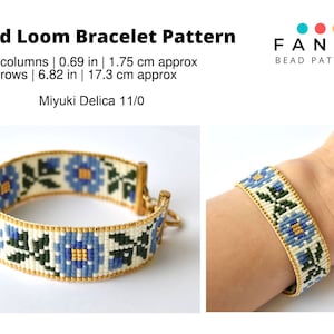 May include: A white and blue beaded bracelet with a floral pattern. The bracelet is made with Miyuki Delica 11/0 beads and measures 6.82 inches in length. The bracelet is 1.75 inches wide and has 13 columns and 99 rows of beads.