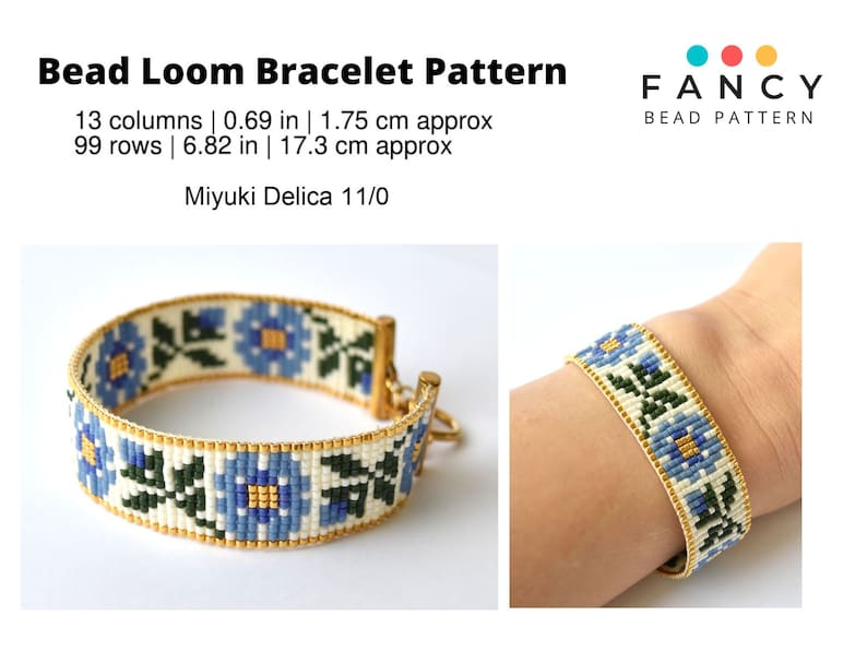 May include: A white and blue beaded bracelet with a floral pattern. The bracelet is made with Miyuki Delica 11/0 beads and measures 6.82 inches in length. The bracelet is 1.75 inches wide and has 13 columns and 99 rows of beads.