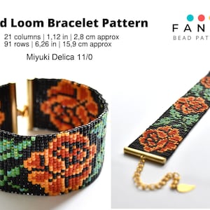 May include: A beaded bracelet pattern featuring a floral design with orange, green, and black beads. The pattern is for a bracelet that is approximately 2.8 cm wide and 15.9 cm long. The pattern is made with Miyuki Delica 11/0 beads. The pattern is called "Fancy Bead Pattern".