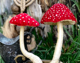 Amanita Mushroom Couple in a vintage gravy bowl - Handmade Fly Agaric Textile Sculpture - Recycled Fabric, Fairy-tale Mushroom Sculpture
